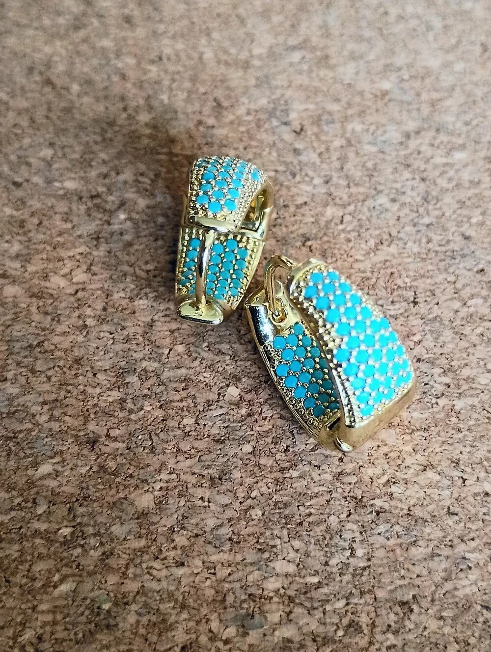 New Gold Tone Hoop Earrings with Turquoise Pave Accent